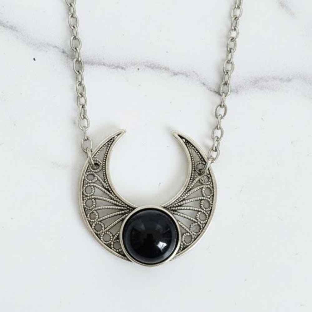 Crescent Moon‎ Necklace, Silver Tone, Black Obsidian Stone Pendant Charm Jewelry